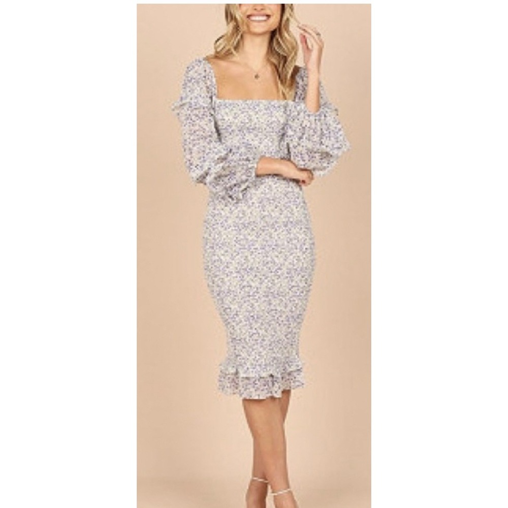 Petal + Pup Dress Womens Large Blue Floral Bonita Shirred Frill Bodycon Midi
